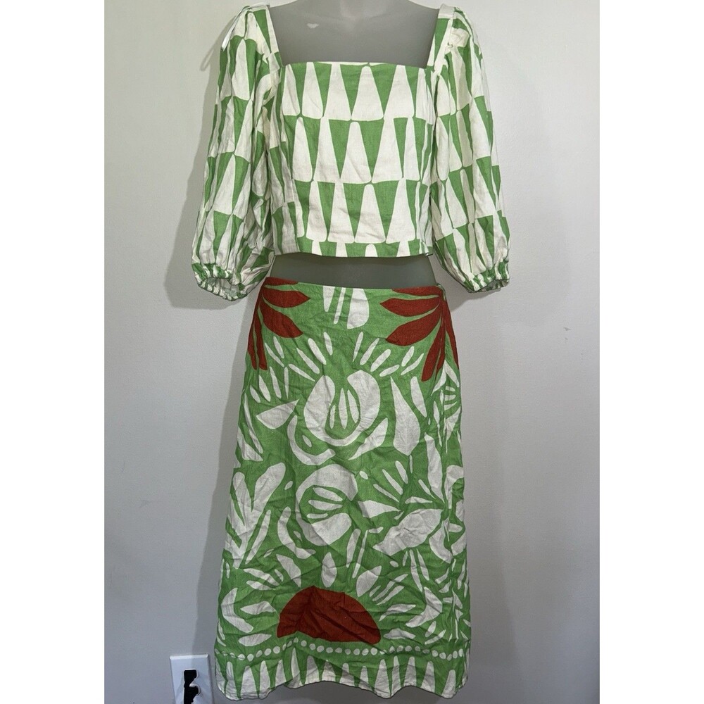 Maison d’Amelie Linen Blend 2pc Set Top Skirt Boho Tropical Green Sz S